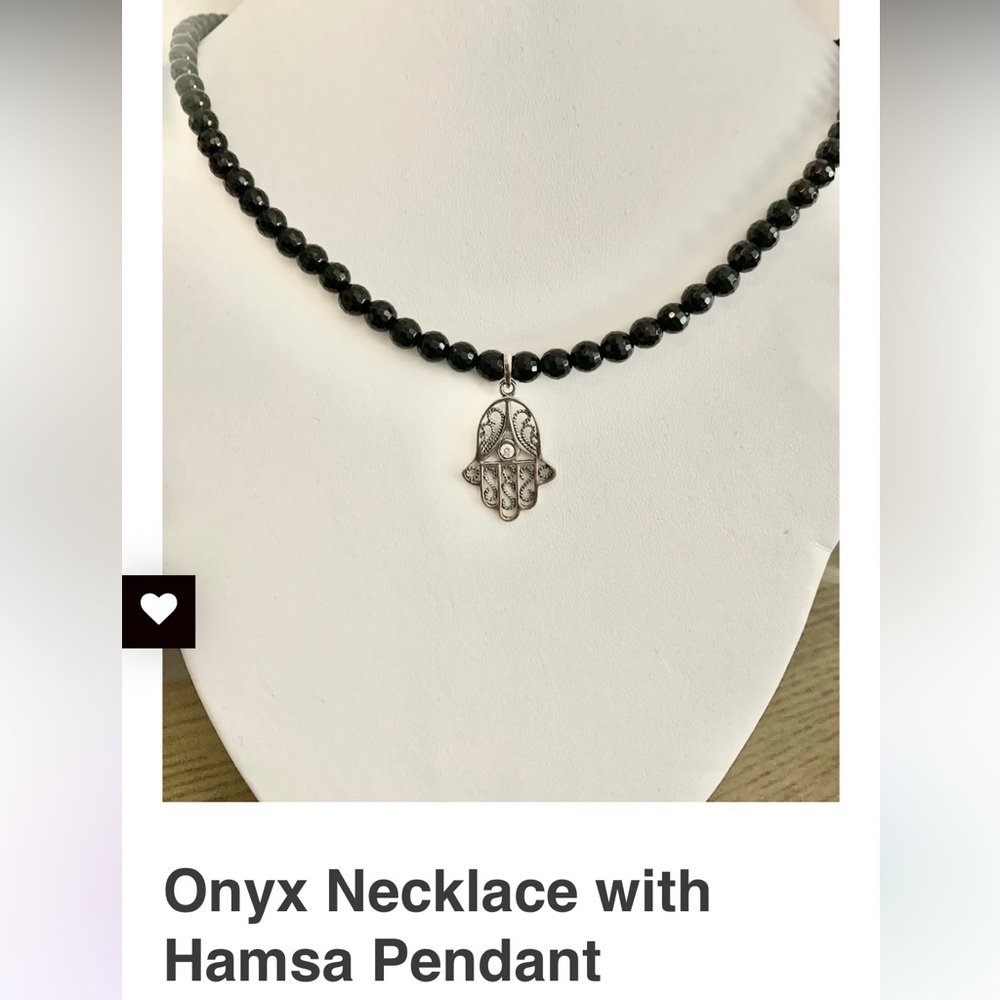 Onyx Necklace with Hamsa Pendant - Black Beaded Women's Jewelry